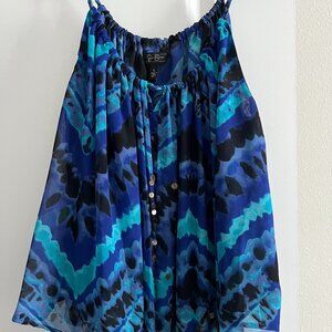 Jessica Simpson, teal, blue and black flowy top with bronze sequins